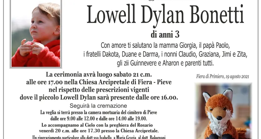 «Hai raggiunto la tua stella», il Primiero in lutto per la morte di Lowell Dylan, di soli 3 anni