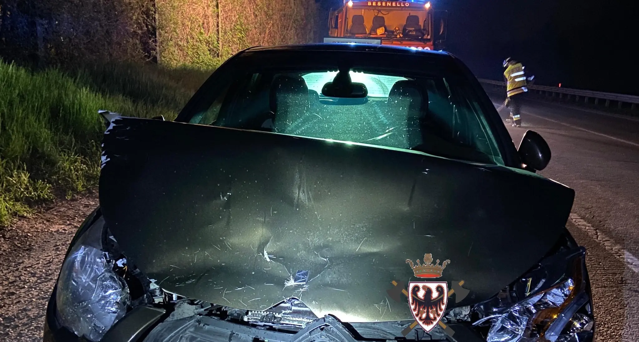 Auto distrutta dopo lo scontro con un cervo sulla Statale 12, nei pressi di Besenello