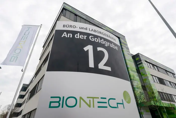 epa08376915 (FILE) - A view of signage of German biopharmaceutical company BionTech in Mainz, Germany, 18 March 2020 (reissued 22 April 2020). Reports on 22 April 2020 state the German regulatory body Paul-Ehrlich-Institute in a statement said they have authorized the first clinical trial of a vaccine against COVID-19 in Germany, developed by Biontech and US-based Pfizer. The Paul-Ehrlich-Institute also said 'it is a result of a careful assessment of the potential risk/benefit profile of the vaccine candidate.' EPA/RONALD WITTEK