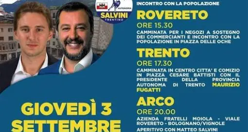 Domani arriva Matteo Salvini tour da Lavis a Rovereto, Arco, Riva e venerdì Ala