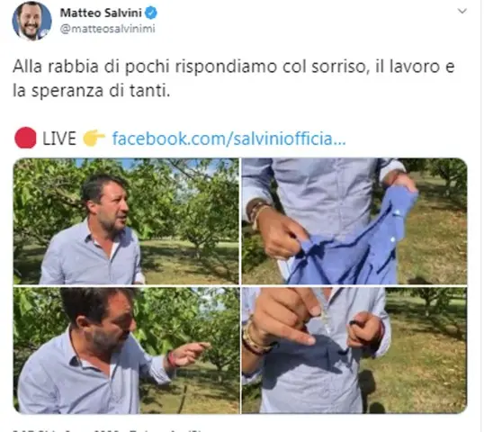 \\\"Alla rabbia di pochi rispondiamo col sorriso, il lavoro e la speranza di tanti\\\", lo scrive Matteo Salvini postando un video sulla sua pagina facebook. +++ FACEBOOK/MATTEO SALVINI ++++