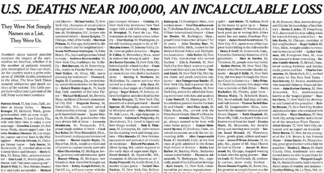 Il New York Times pubblica i nomi di mille morti per Covid