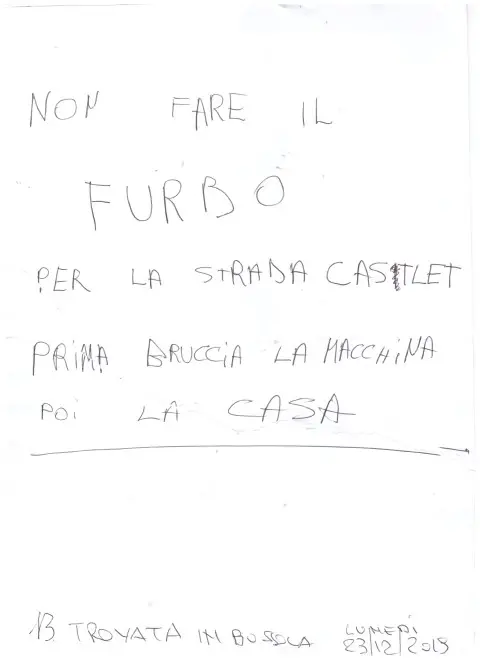 Pinè - Strada del Castelet - lettere di minacce a MASSIMO SIGHEL recapitate l'11 settembre 2017 e il 23 dicembre 2019