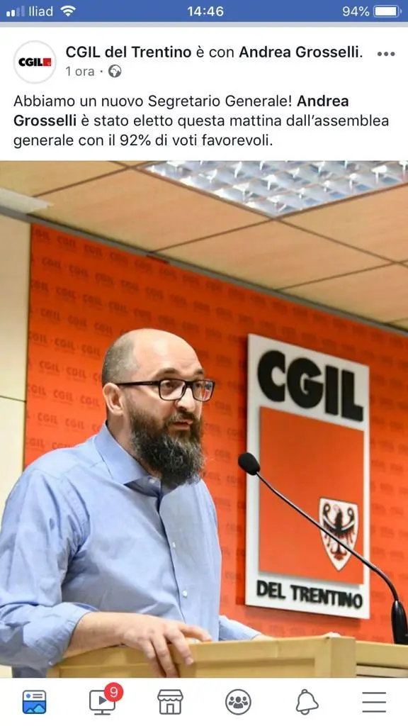 Cgil: Andrea Grosselli eletto nuovo segretario con un plebiscito del 92%