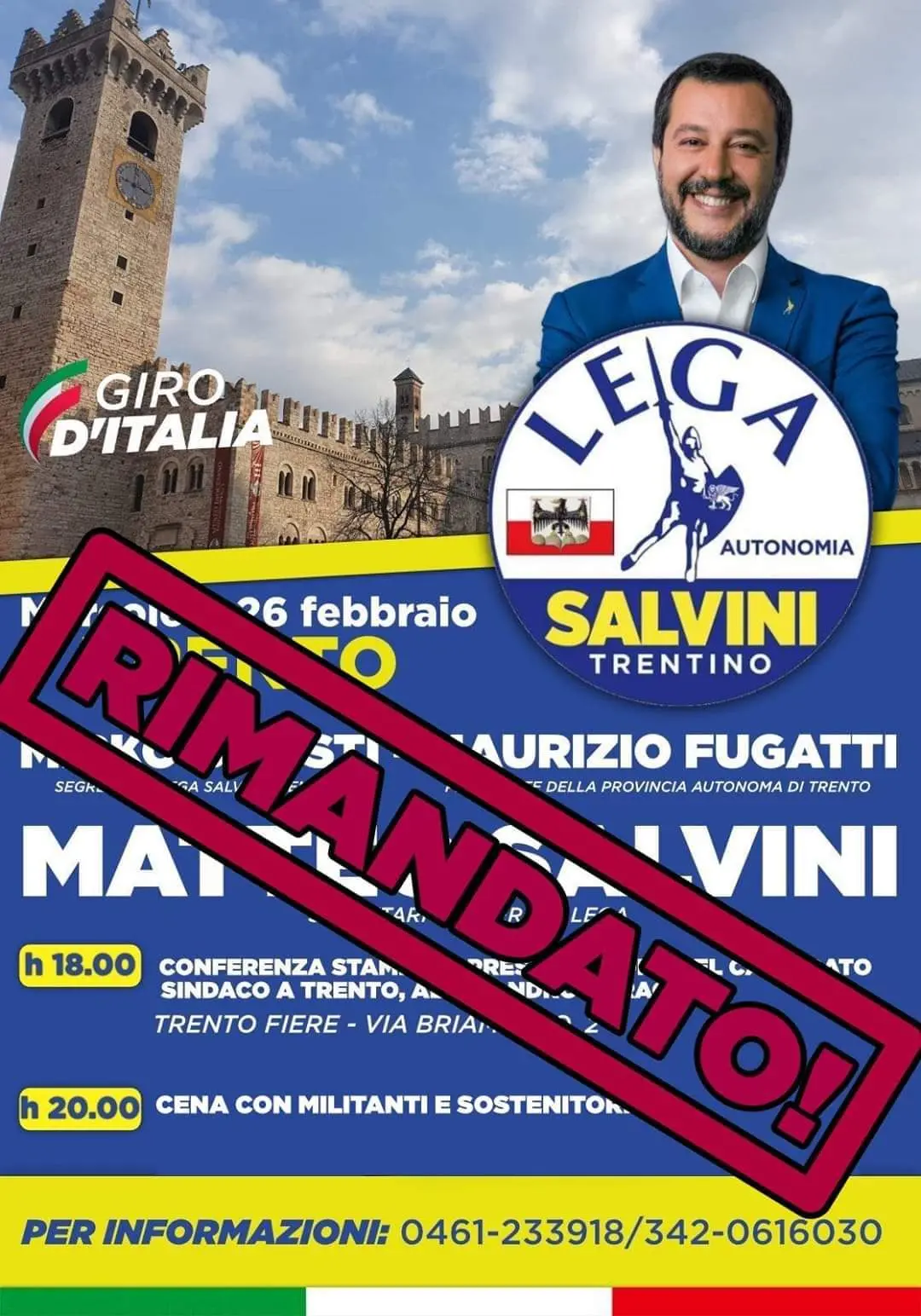 Virus, Salvini annulla la presentazione di Baracetti a Trento
