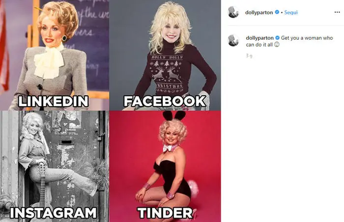 '4 app, 4 versioni di se'; regina del country fa trend. INSTAGRAM DOLLY PARTON +++ATTENZIONE LA FOTO NON PUO? ESSERE PUBBLICATA O RIPRODOTTA SENZA L?AUTORIZZAZIONE DELLA FONTE DI ORIGINE CUI SI RINVIA+++