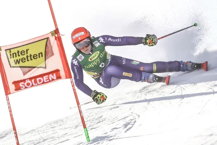 Italy's Federica Brignone competes during an alpine ski, women's World Cup giant slalom in Soelden, Austria, Saturday, Oct. 26, 2019. (ANSA/AP Photo/Marco Trovati) [CopyrightNotice: Copyright 2019 The Associated Press. All rights reserved]