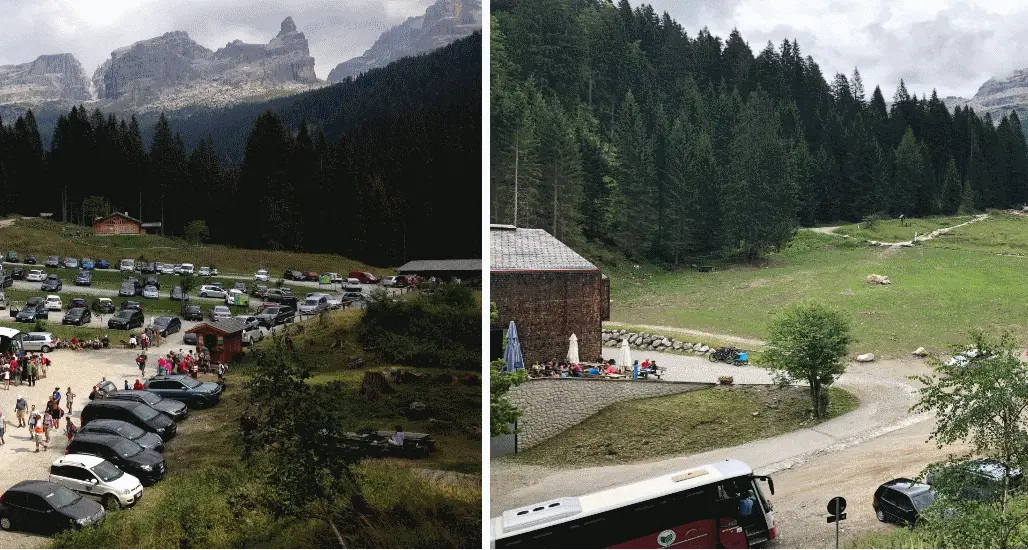 Il parcheggio di Vallesinella libero dalle automobili dopo i lavori del Parco
