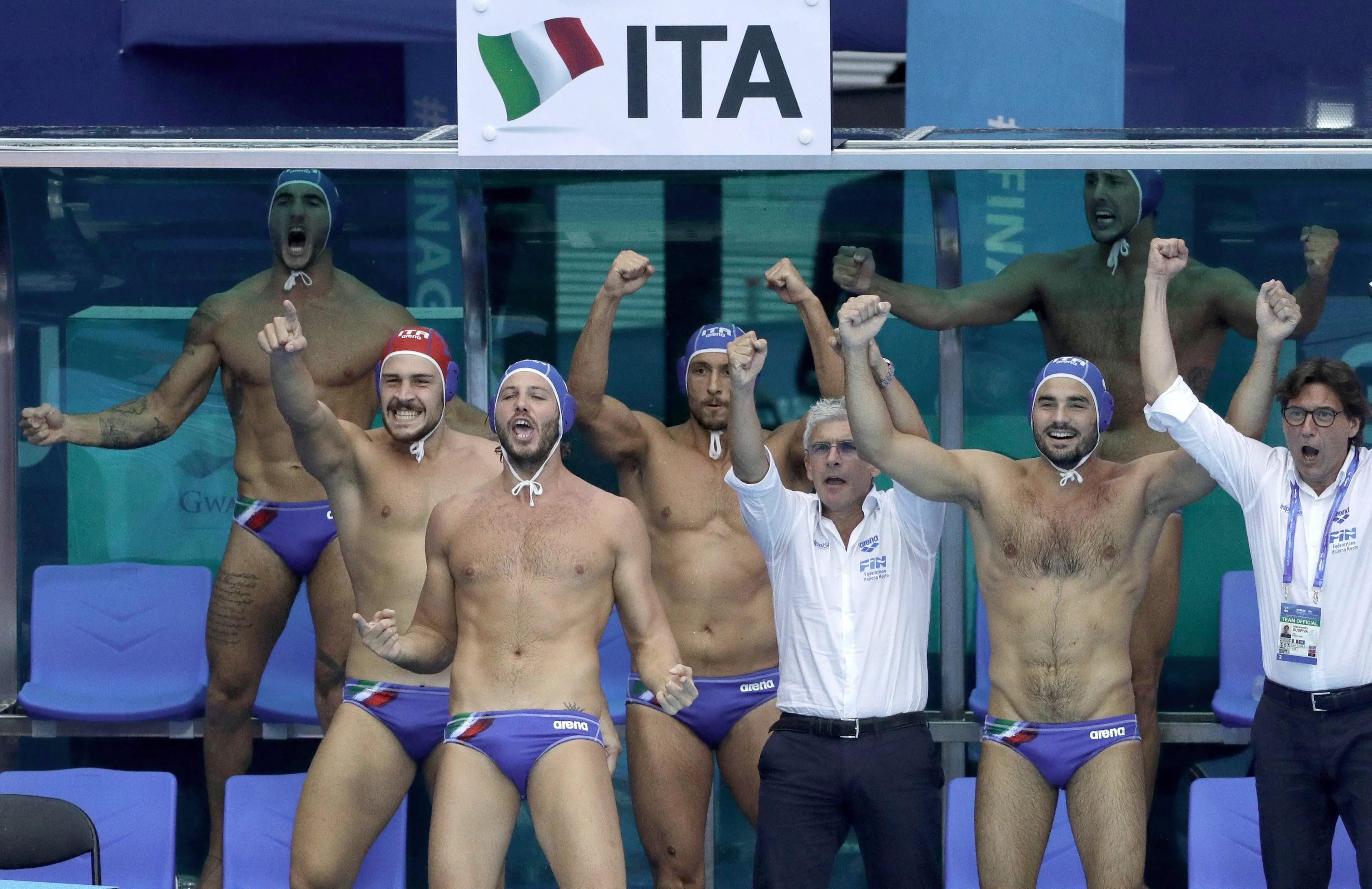 Italian bench players react during their men's water polo gold medal match against Spain at the World Swimming Championships in Gwangju, South Korea, Saturday, July 27, 2019. (ANSA/AP Photo/Mark Schiefelbein) [CopyrightNotice: Copyright 2019 The Associated Press. All rights reserved]