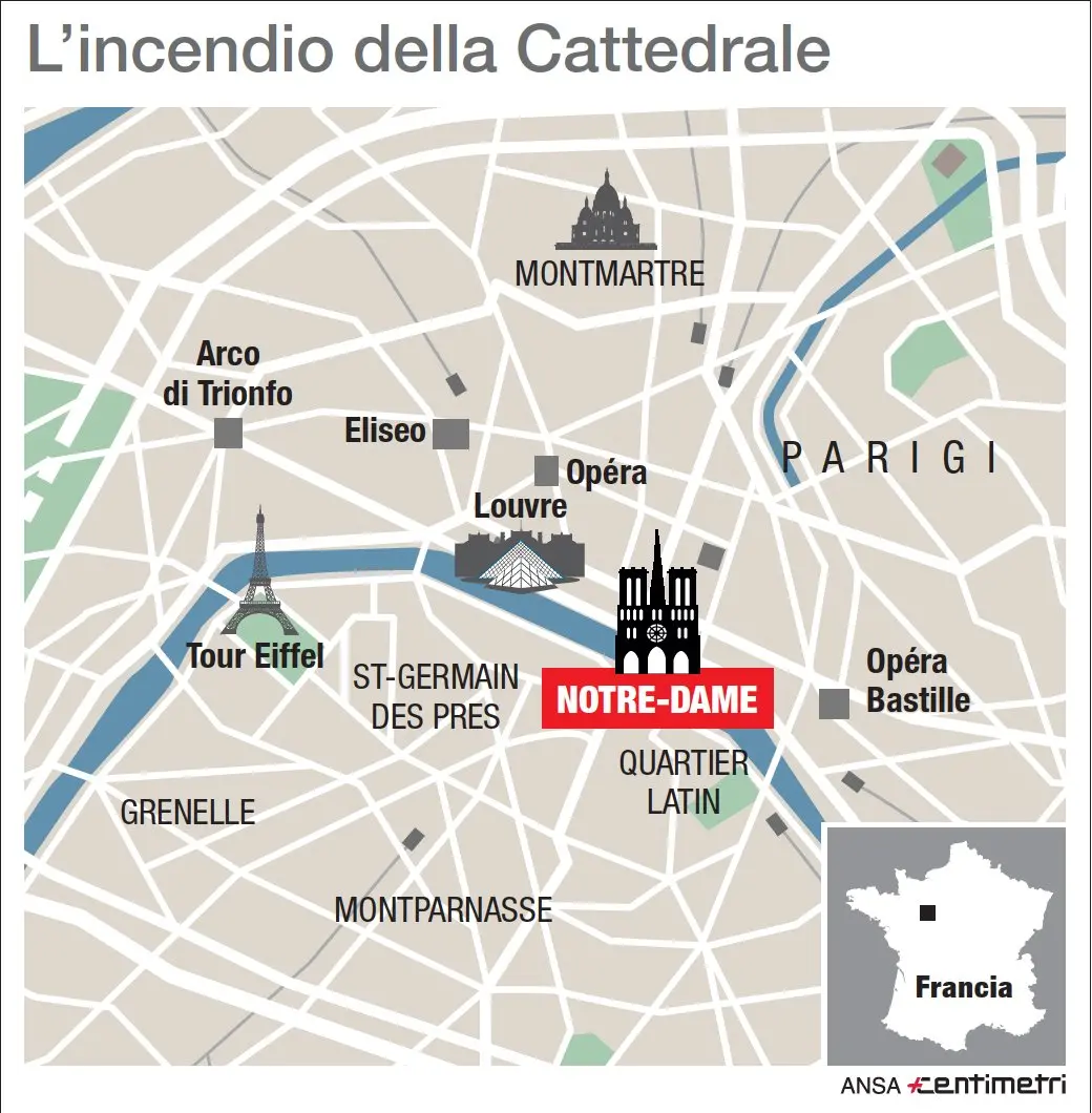 Mappa di Parigi con localizzazione di Notre Dame