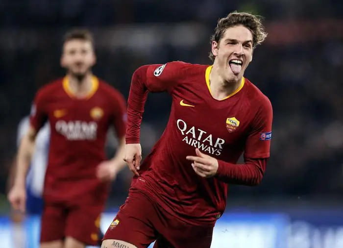 AS Roma's Nicolò Zaniolo celebrates his goal during the Champions League round of 16 first leg soccer match between AS Roma and FC Porto at the Olimpico stadium in Rome, Italy, 12 February 2019. ANSA/RICCARDO ANTIMIANI