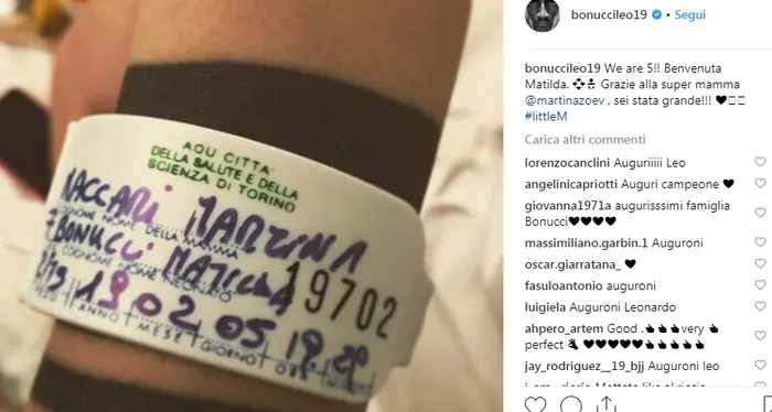 Bonucci papà per la 3ª volta È nata la piccola Matilda