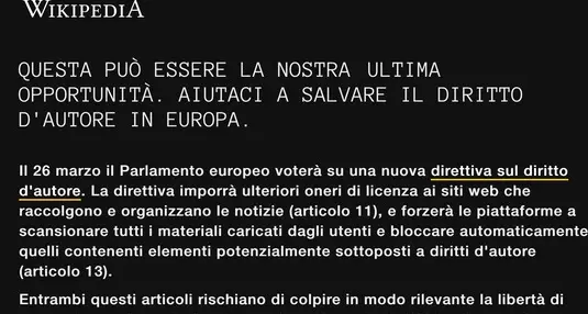 Wikipedia oscura le pagine in vista del voto sul copyright