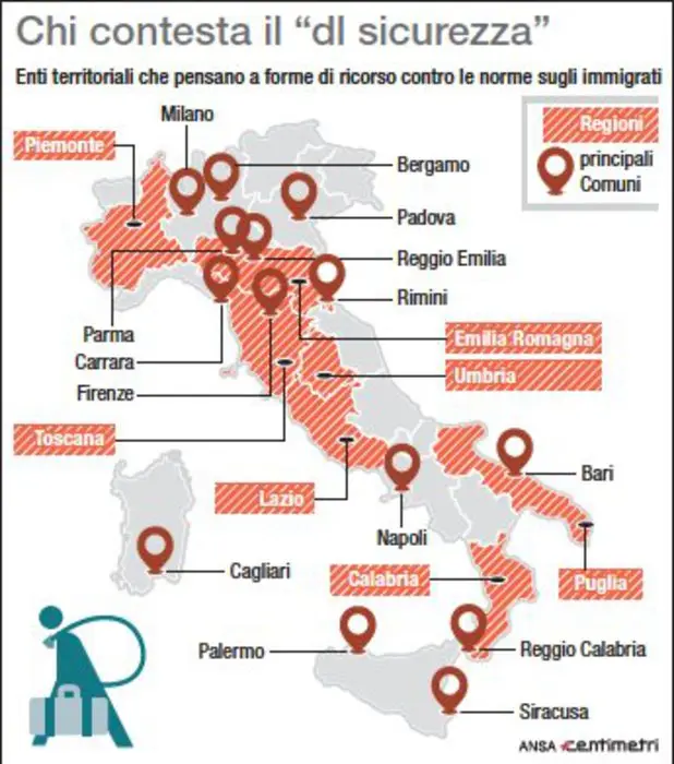 La Regione Umbria ricorre alla Corte costituzionale contro il decreto sicurezza. Altre Regioni lo stanno valutando. Mappa di Regioni e principali Comuni che valutano forme di ricorso contro il decreto Salvini (88mm x 100mm)