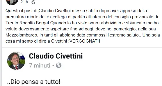 Lite «social» su Facebook tra Savoi e Civettini su Borga «Vergogna!». «Sceneggiata»