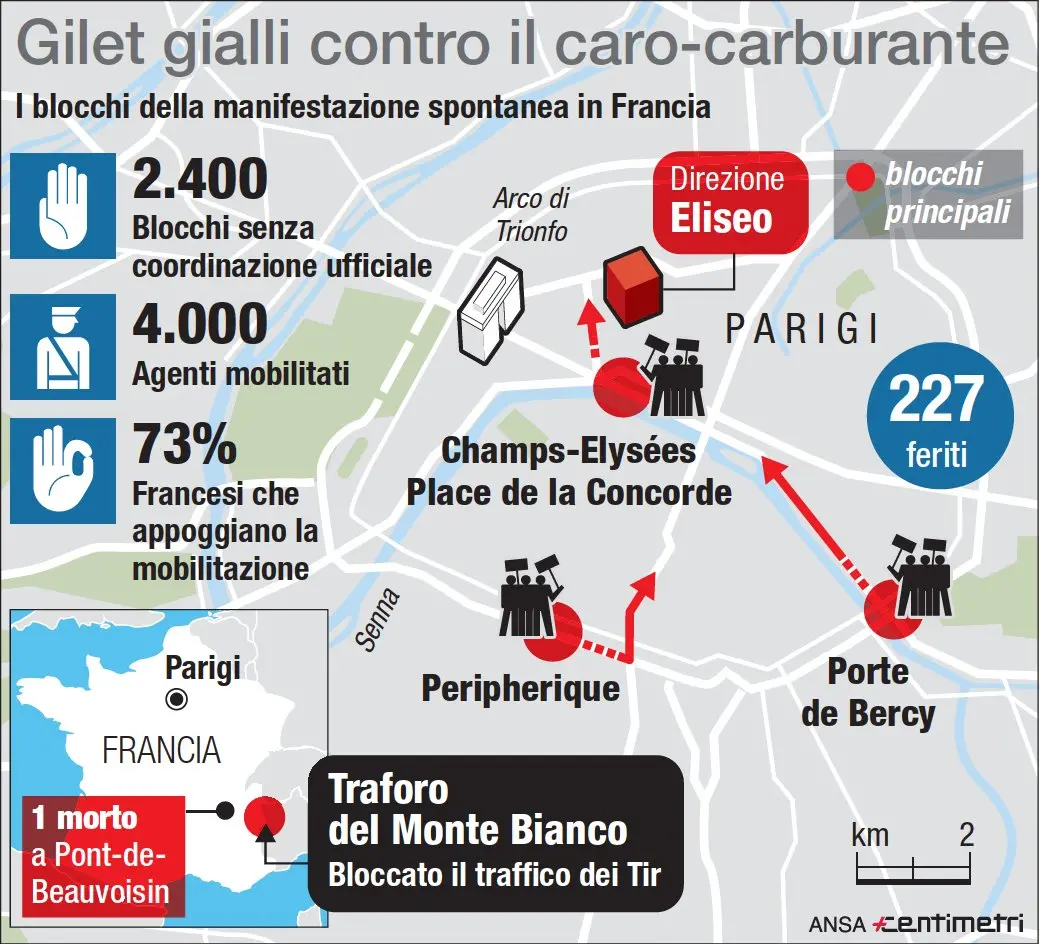 Auto su blocco gilet gialli, morta manifestante. E' accaduto in Savoia, mobilitazione in tutto il Paese. La mappa dei blocchi