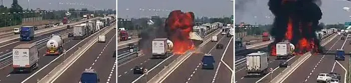 The photo combo of three frames, taken by the Autostrade per l'Italia cameras, shows the moment of the impact and the consequent explosion of the incident in Bologna, 6 August 2018. ANSA/US AUTOSTRADE PER L'ITALIA +++ ANSA PROVIDES ACCESS TO THIS HANDOUT PHOTO TO BE USED SOLELY TO ILLUSTRATE NEWS REPORTING OR COMMENTARY ON THE FACTS OR EVENTS DEPICTED IN THIS IMAGE; NO ARCHIVING; NO LICENSING +++