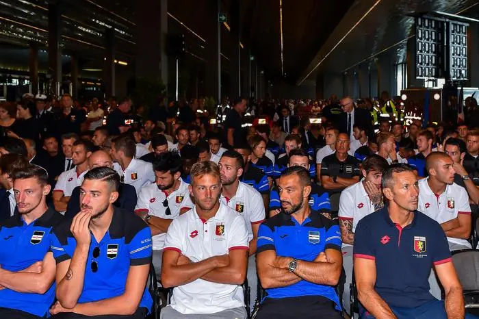 Genoa and Sampdoria's players inside the Fair of Genoa to attend State funerals of the victims of Morandi highway bridge collapse in Genoa, Italy, 18 August 2018 ANSA/SIMONE ARVEDA