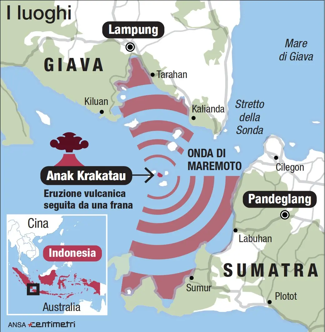 Un'onda di tsunami ha devastato le spiagge attorno allo stretto della Sonda, che separa le isole di Giava e Sumatra, in Indonesia. L'esplosione del vulcano e i luoghi del maremoto tra Giava e Sumatra