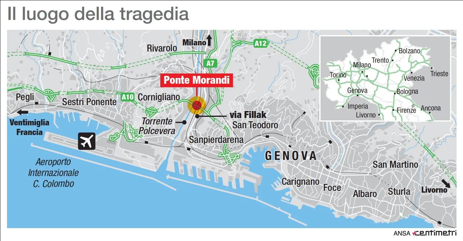 Un crollo ha interessato il ponte Morandi sull'autostrada A10 a Genova. Decine di vittime. Il sistema autostradale di Genova e il luogo del crollo