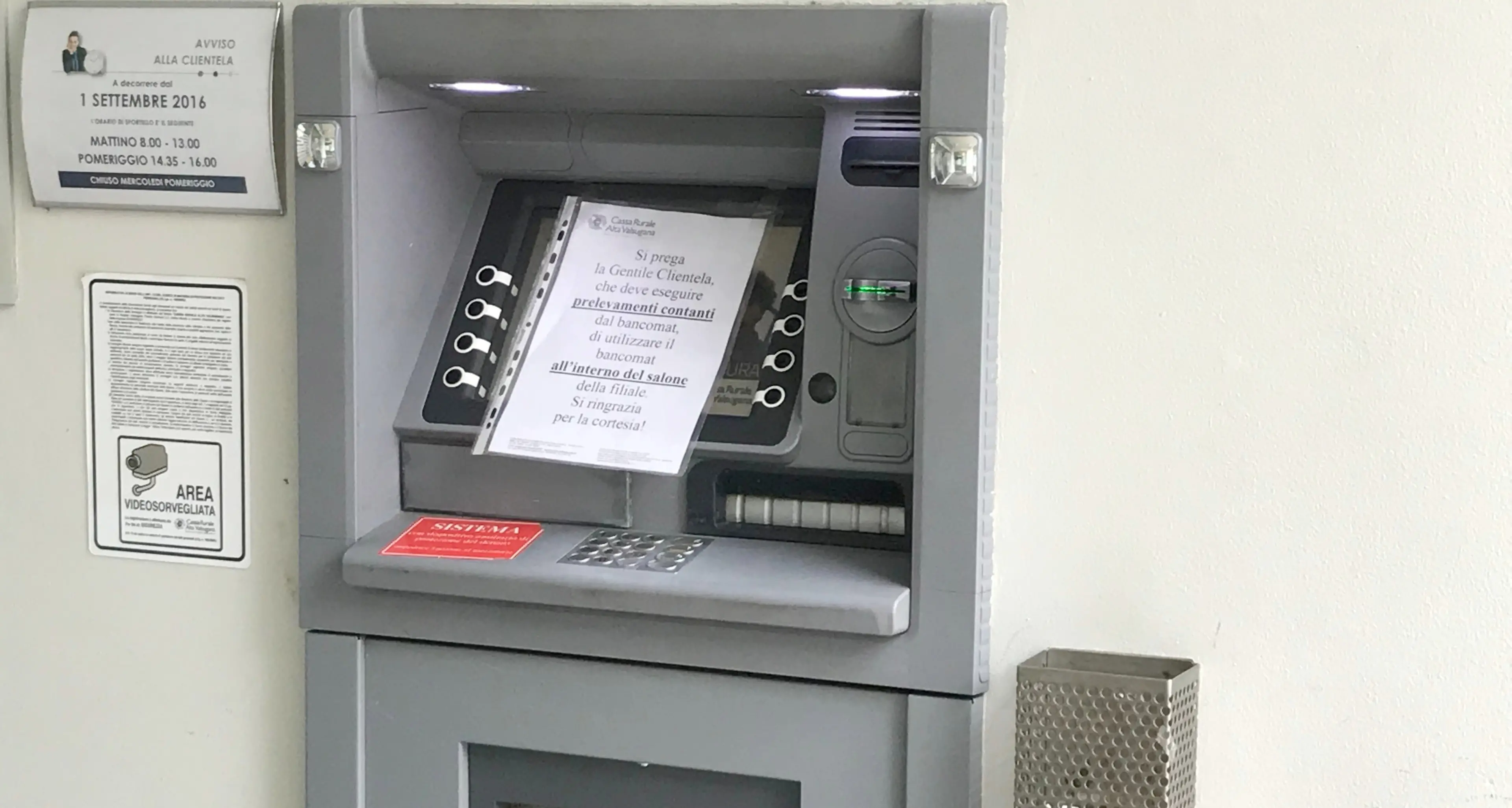 Cassa Rurale Alta Valsugana, vandalo sigilla 5 bancomat