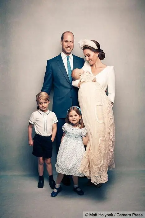 epa06892657 A handout photo made available by the Duke and Duchess of Cambridge on 16 July 2018 shows an official photograph to mark the christening of Britain's Prince Louis at Clarence House in London, Britain, 09 July 2018. The picture shows Prince William, Duke of Cambridge and Catherine, the Duchess of Cambridge with their children, the newly christened Prince Louis, Prince George and Princess Charlotte at Clarence House, following the christening of Prince Louis at St James's Chapel. Prince Louis, born on 23 April 2018, is the Duke and Duchess of Cambridge's third child and fifth in line to the British throne. EPA/MATT HOLYOAK / CAMERA PRESS / HANDOUT ATTENTION EDITORS: MANDATORY CREDIT: MATT HOLYOAK/CAMERA PRESS / EDITORIAL USE ONLY / NO COMMERCIAL USAGE / NO SALES / NO ARCHIVE / NEWS USAGE ONLY IN CONNECTION WITH PRINCE LOUIS' CHRISTENING / IMAGE MUST BE USED IN IT'S ENTIRETY - NO CROPPING PERMITTED HANDOUT EDITORIAL USE ONLY/NO SALES/NO ARCHIVES *** Local Caption *** BSMID7259315