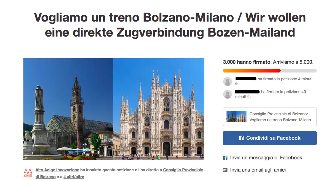 Treno diretto Bolzano-Milano: petizione con 3.000 firme