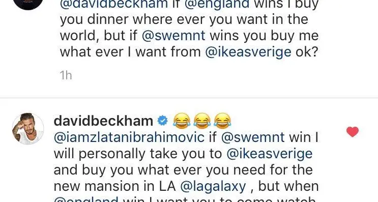 C'è Svezia-Inghilterra: siparietto social tra Beckam e Ibrahimovic