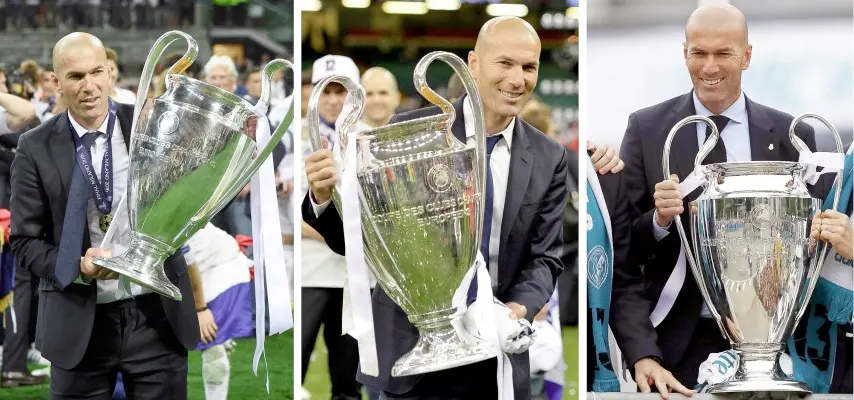 epa06775300 (FILE) - A composite file picture of Real Madrid's French head coach Zinedine Zidane (L, taken on 28 May 2016 in Milan, Italy; C, taken on 03 June 2017 in Cardiff, Britain; R, taken on 27 May 2018 in Madrid, Spain) celebrating with the UEFA Champions League trophy (issued on 31 May 2018). Zinedine Zidane announced on 31 May 2018 that he has stepped down as Real Madrid head coach after leading the Spanish Primera Division soccer club to three UEFA Champions League titles in a row. EPA/DANIEL DAL ZENNARO - PETER POWELL - JAVIER LIZON