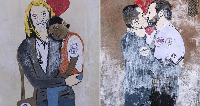 Bacio Salvini-Di Maio e Meloni con bimbo africano, è street art