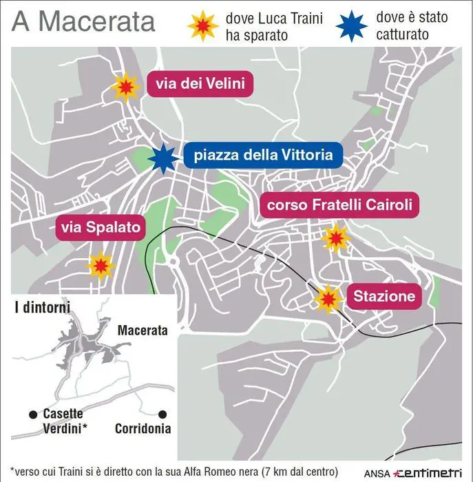 Nell'infografica realizzata da Centimetri il percorso dello sparatore nella città marchigiana. ANSA/CENTIMETRI