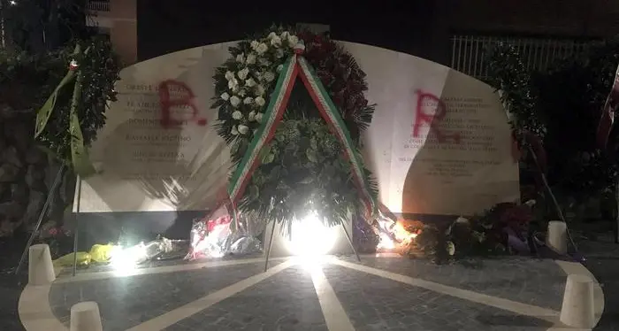 Scritta Br sulla stele in via Fani