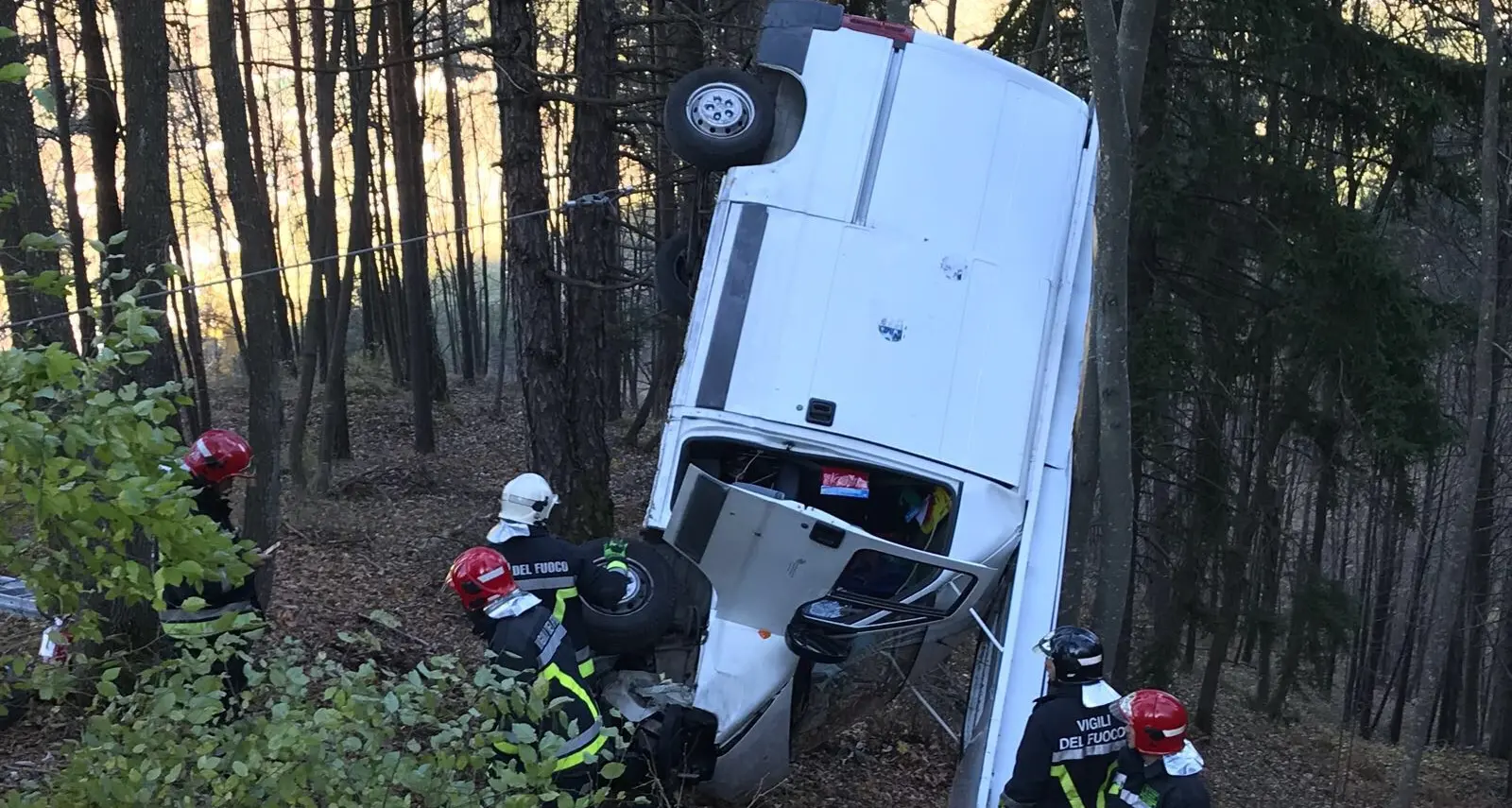 Furgone «vola» fuori strada: finisce la sua corsa contro gli alberi