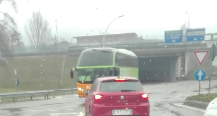 Flixbus entra in rotatoria contromano Viene fermato dagli altri automobilisti