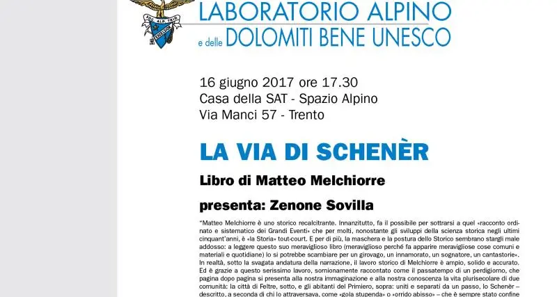 Alla Sat «La via di Schenèr» Lettura, storia e montagna