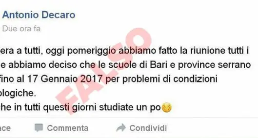 Finge su Facebook di essere il sindaco: «Maltempo, le scuole restano chiuse»