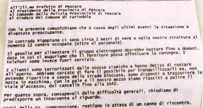 Rigopiano: l'email dell'hotel alle autorità, \"Clienti terrorizzati, intervenite\"