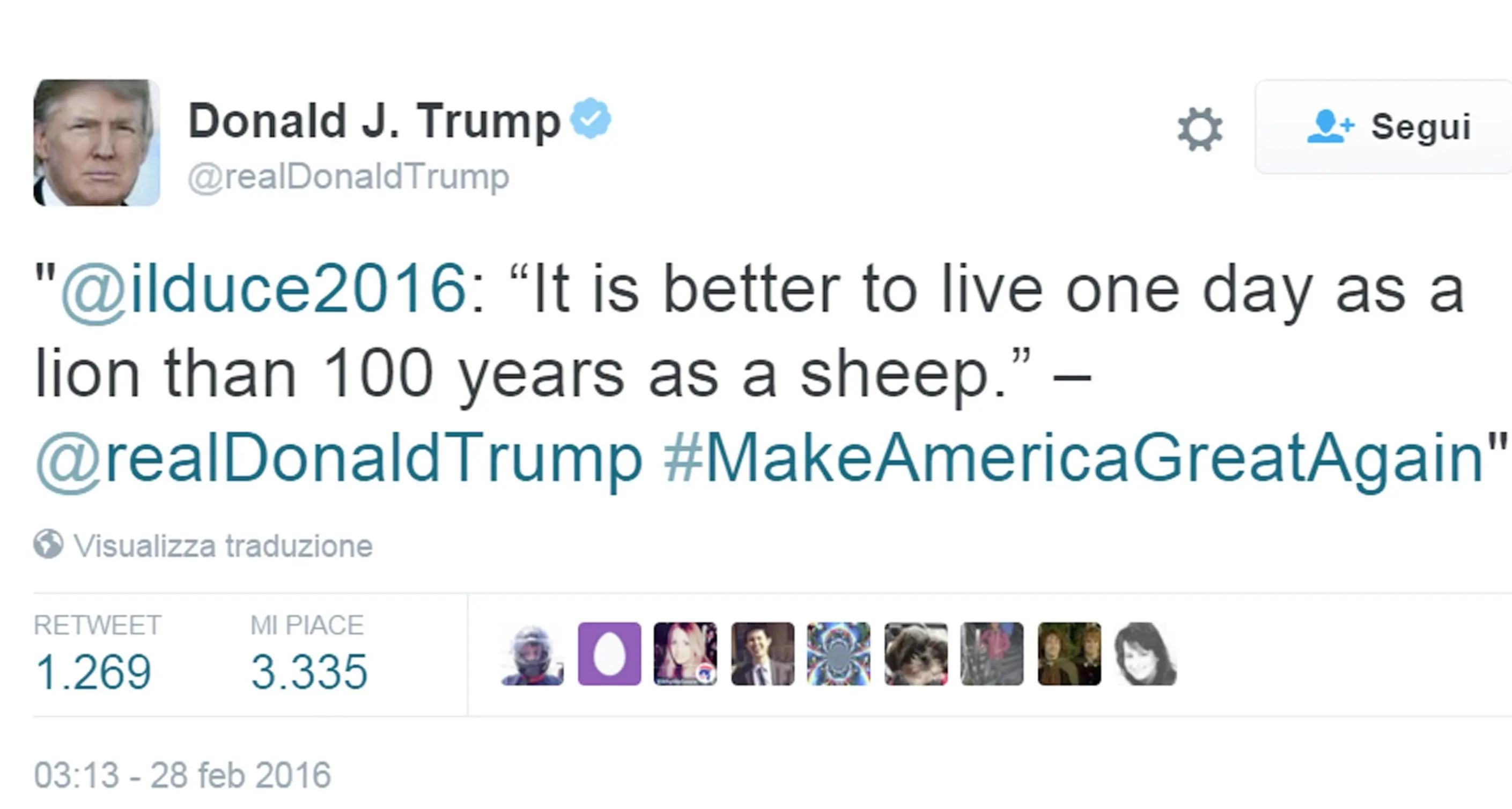 Trump twitta Mussolini, «meglio un giorno da leone...»