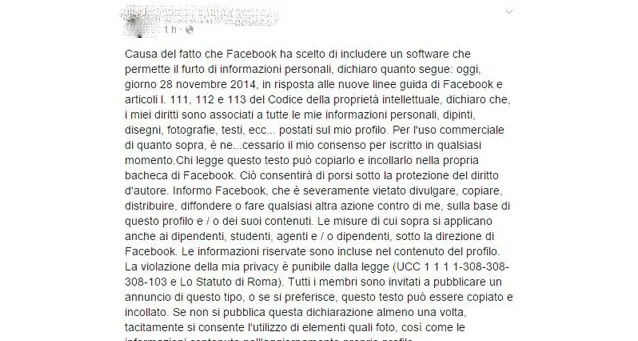 Il messaggio bufala per la privacy su Facebook