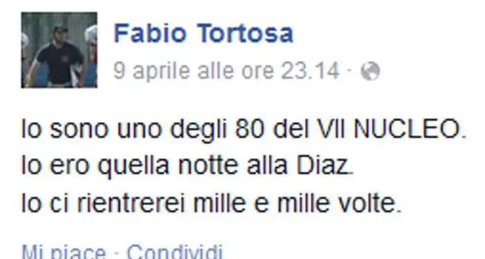 Poliziotto su Facebook, «Rientrerei alla Diaz»