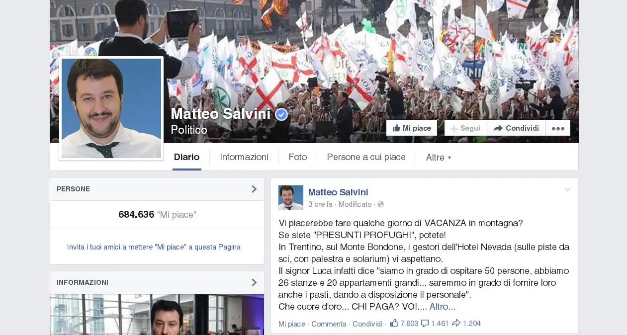 Profughi, Salvini spara a zero sull'hotel Nevada di Vason