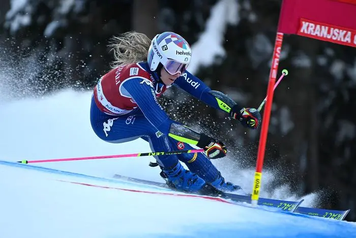 Marta Bassino of Italy competes during the Audi FIS Alpine Skiing World Cup Giant Slalom race in Kranjska Gora, on January 16, 2021. (Photo by Jure Makovec / AFP)