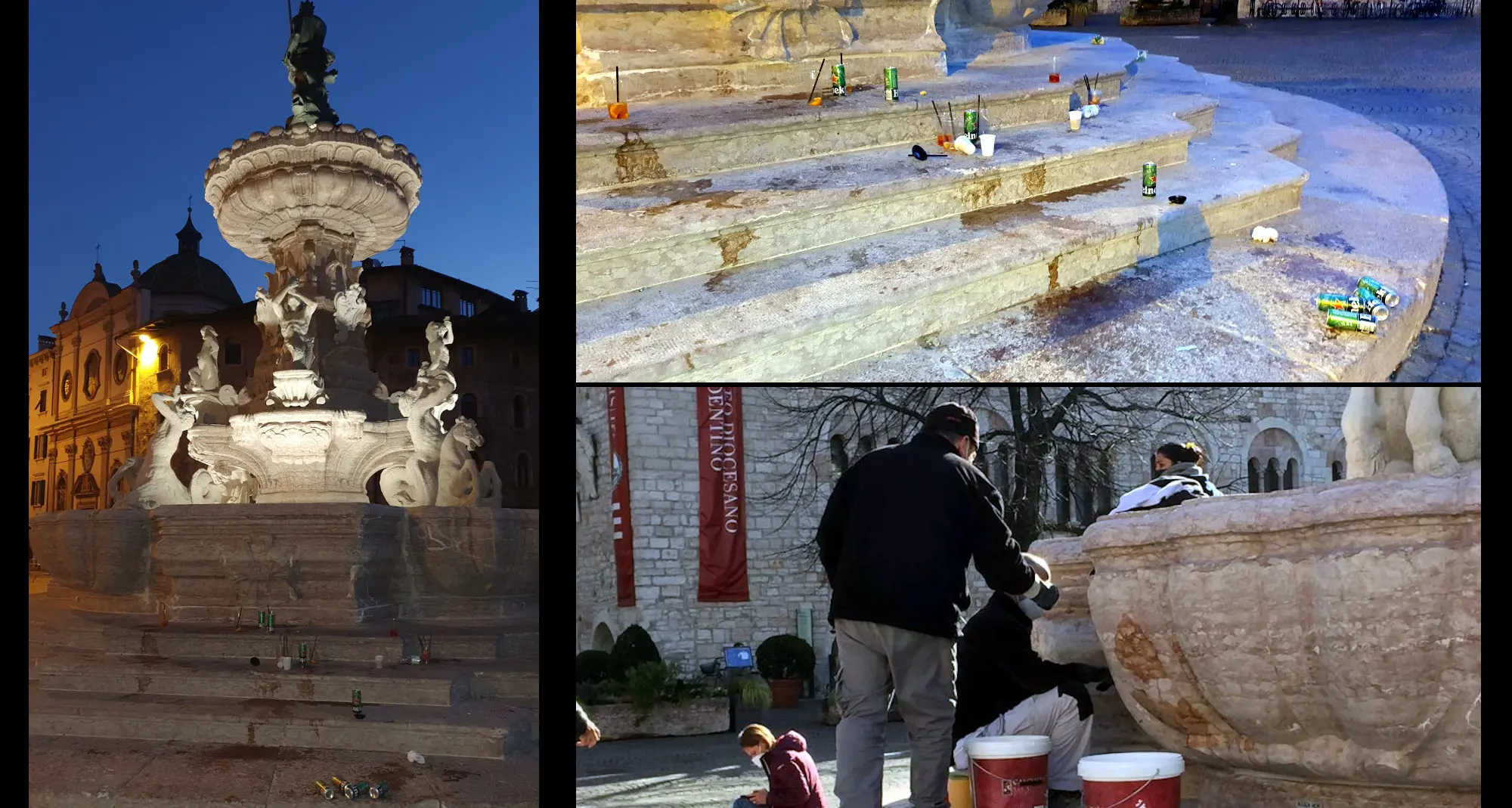 Vandali nottetempo sulla fontana del Nettuno a Trento: stamattina intervento di pulizia