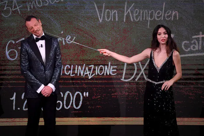 Sanremo Festival host and artistic director, Amadeus, and Italian actress Matilda De Angelis on stage at the Ariston theatre during the 71st Sanremo Italian Song Festival, Sanremo, Italy, 02 March 2021. The festival runs from 02 to 06 March. ANSA/ETTORE FERRARI