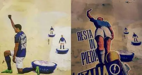 In ginocchio contro il razzismo? A Roma murales in stile fascista: \"Resta in piedi Italia\"