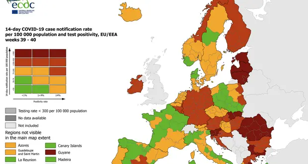 Il Trentino in verde nella mappa Ue dell'incidenza dei contagi, Alto Adige e Veneto in giallo