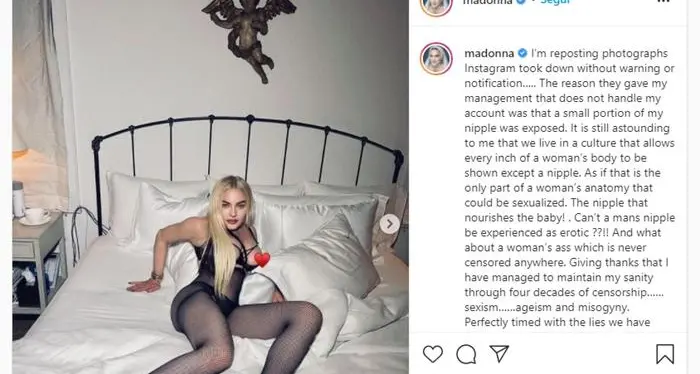 Instagram censura foto di Madonna, lei la ripubblica e denuncia: \"Perché i maschi possono mostrare i capezzoli e le donne no?\"