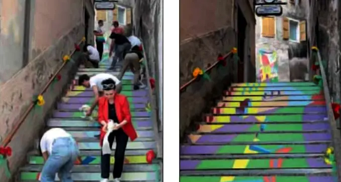 Le scalinate del centro si colorano nel segno di Depero