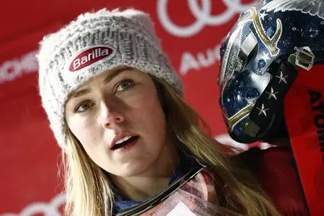 Mikaela Shiffrin of the United States celebrates after winning an alpine ski, women's World Cup parallel slalom in Courchevel, France, Wednesday, Dec. 20, 2017. (ANSA/AP Photo/Gabriele Facciotti) [CopyrightNotice: Copyright 2017 The Associated Press. All rights reserved.]