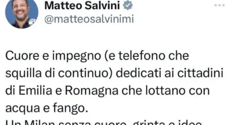 Alluvione e sconfitta del Milan, polemiche sul tweet cancellato da Salvini
